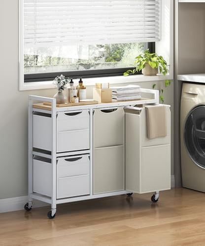 HOOBRO Laundry Sorter with 4 Section, 34 Gal. (127 L) Laundry Hamper with Wheels, Rolling Laundry Basket with Shelves, Pull-Out Detachable Bags, Side Pockets, White, Natural and Beige WNE14XY01N1 - color: White + Natural + Beige
