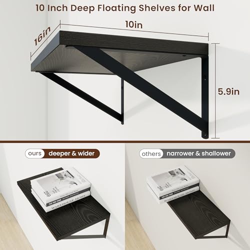 Deep Floating Shelves, 16'' x 10'' Black Wall Shelves Set of 2 | 10 Inch Deep Shelves with Heavy Duty Brackets, Rustic Wood Shelves for Bathroom Living Room, Engineered Wood, 35LBS - color: Black, size: 16W x 10D