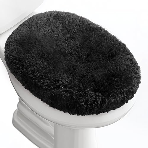 Soft Microfiber Toilet Lid Cover 17.5" x 15" Machine Washable | Solid Toilet Seat Cover Adjustable Rubber Backing Fits Most 16 -17.5" L x 14-16" W Round Oblong and Elongated Toilet Seat - color: Black
