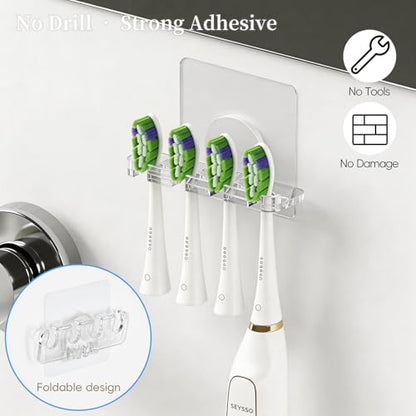 Adhesive Toothbrush Holders 2 Pack,4 Slots for Family, Clear | No Drill Wall Mounted, Holds 4 Replacement Heads or Toothbrushes, Quick Dry, Countertop Saver, For Bathroom & RV