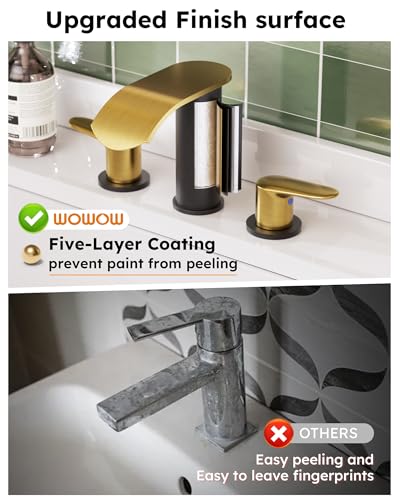 WOWOW Waterfall Bathroom Faucet 3 Holes 8Inch Widespread Bathroom Sink Faucet, Two Handles Lavatory Vanity Sink Faucets with Pop-up Drain & Supply Hoses, Modern Faucet Mixer Taps Black and Gold - color: Black and Gold