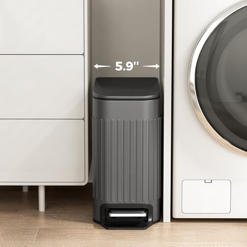 TrashAid Small 1.6 Gallon Stainless Steel Trash Can with Removable Inner Bucket, Grey, Hands Free Step Pedal Design | Removable Inner Bucket, Stainless Steel Garbage Can, Small Wastebasket for Toilet/Office/Bedroom, Retro Design, Odor Control - color: Gre
