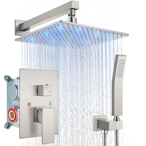 Aolemi Shower Faucet Set with Valve Handheld 10" LED Head Brushed Nickel | Handheld Spray,10 Inch Rain LED Head,Valve and Trim Kit,All Metal,Wall Mount Shower System,Bathroom Mixer - color: Nickel, size: 10 Inch LED Shower Head