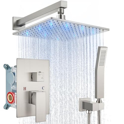 Aolemi Shower Faucet Set with Valve Handheld 10" LED Head Brushed Nickel | Handheld Spray,10 Inch Rain LED Head,Valve and Trim Kit,All Metal,Wall Mount Shower System,Bathroom Mixer - color: Nickel, size: 10 Inch LED Shower Head