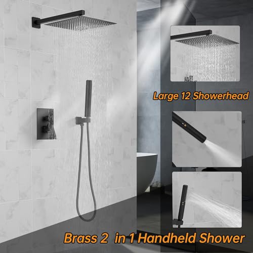 Hoimpro 12'' Rain Shower Head Shower Faucet Set with Handheld Sprayer Black | Stainless Steel Rainfall Shower Head, Shower System Fixture Combo, Square, High Pressure Vlave Trim Kit, Wall Mounted, Matte - color: Matte Black