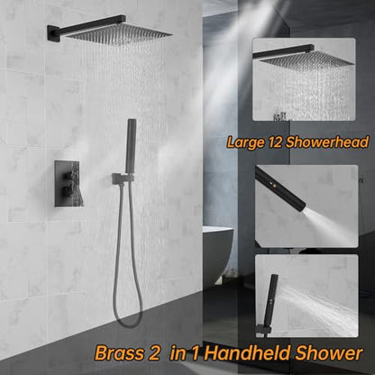 Hoimpro 12'' Rain Shower Head Shower Faucet Set with Handheld Sprayer Black | Stainless Steel Rainfall Shower Head, Shower System Fixture Combo, Square, High Pressure Vlave Trim Kit, Wall Mounted, Matte - color: Matte Black
