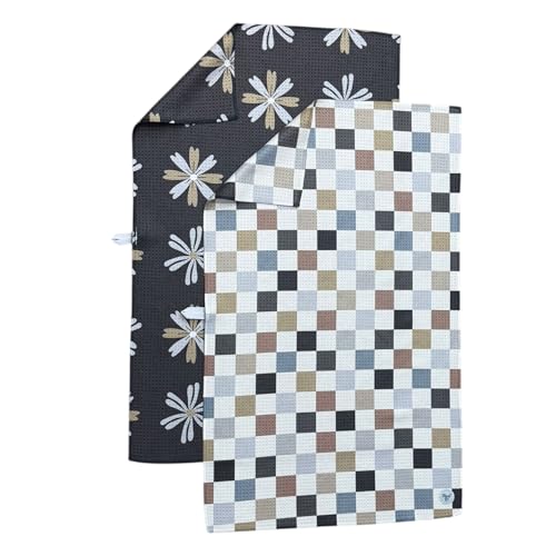 Kitchen Towels, Dish Towels for Kitchen, 2 Pc Kitchen Towel Set | Microfiber Waffle Towels, 16 x 26 inches, with Hanging Loops, Reusable Tea Towels, Cute Kitchen Towels - 2 Pack - color: Multi Checkered Gray Tan