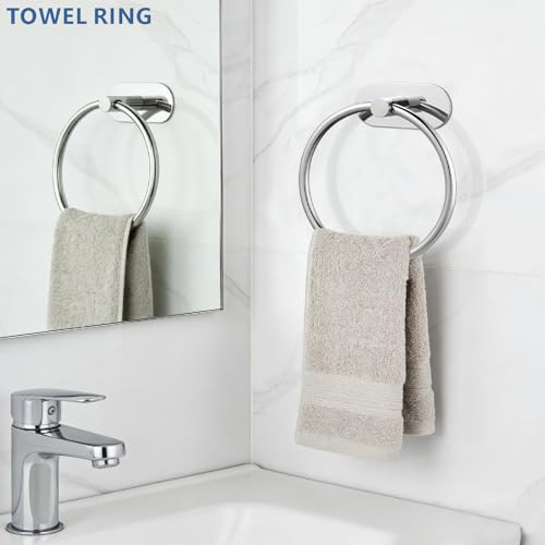 Self-Adhesive Towel Ring, No Drill Stainless Steel Round Hand Towel Holder, Rustproof Waterproof Towel Hanger with Strong Sticky Base, Modern Wall-Mounted Towel Loop for Bathroom Kitchen (Chrome) - color: Chrome