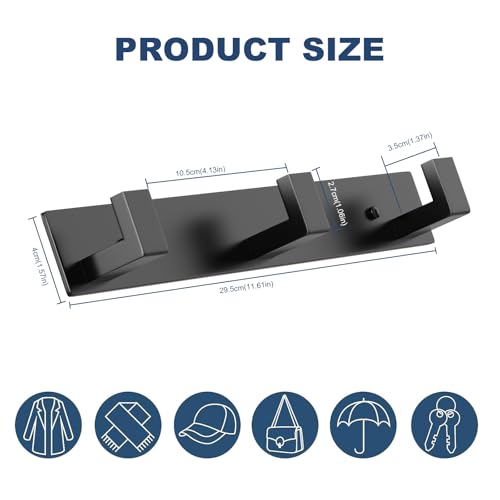 PMMASTO Wall Mounted Coat Hooks- Stainless Steel Rust-Resistant Bathroom Hangers for Towels/Hats/Coats, Heavy-Duty Wall Mount Hooks with Screws (Black 3 Hooks, 2-Pack) - color: Black, size: 3 "L" Hooks, 2PACK