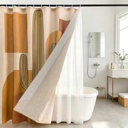 Tropical Cactus Linen Shower Boho Curtain Set with Liner,72" Wx72 L | Double Layer Shower Curtain Waterproof Fabric with Zippered Removable PEVA Liner,Boho Shower Curtain for Bathroom,Free Hooks - color: Orange Cactus