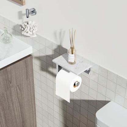 Chrome Toilet Paper Holder with Marble Shelf Tissue Roll Holder | 304 Stainless Steel Wall Mounted Toilet Paper Roll Holder Screw-Mounted Tissue Holder for Bathroom Washroom by BATHLAVISH - color: Chrome