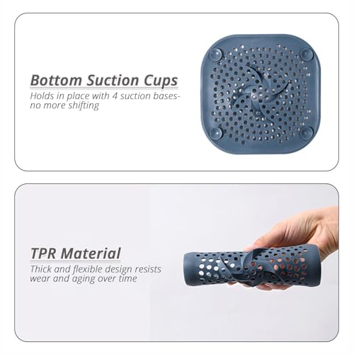 5.9" Square Drain Cover with Suction Cups, Hair Catcher, 4 Pack | For Shower, Bathroom & Sink, Flat Design with Suction Cups, Helps Keep Drains Clear