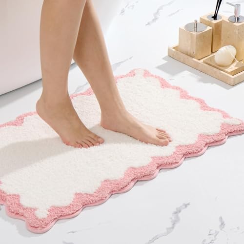 ORTIGIA Small Cute Scalloped Bath Mat, White and Pink Plush Microfiber Scallop Bathroom Rugs Non Slip Washable Quick Dry Absorbent, Bathmat for Shower Stall Vanities Kitchen Floor Entrance, 17x24 - color: A-pink and White, size: 1'5" X 2'(rectangular)