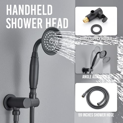 DASAN Antique Shower Faucet Sets Complete Rain Shower System in Wall with Body Shower Spray Jets, Matte Black Shower Fixtures with 9’’ Rainfall Overhead Shower, Handheld, Valve & Trim Kit, AT249W-MB - color: Matte Black