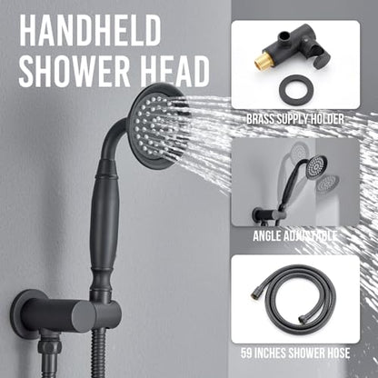 DASAN Antique Shower Faucet Sets Complete Rain Shower System in Wall with Body Shower Spray Jets, Matte Black Shower Fixtures with 9’’ Rainfall Overhead Shower, Handheld, Valve & Trim Kit, AT249W-MB - color: Matte Black