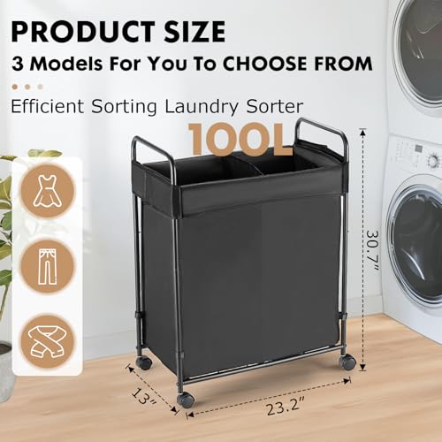 100L Laundry Hamper with Wheels, Rolling Laundry Sorter Cart with Metal Frame and Removable Liner, Dirty Clothes Hampers for Bedroom, Laundry Room, Bathroom - size: M