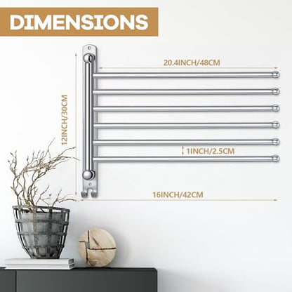 Teenyyou 20.4 Inches Swivel Towel Rack 304 Stainless Steel 6 Arms Bathroom Towel Rack Hanger Pool Holder Wall Mounted Swivel Bar Space Saving with Hook(Sliver) - color: Sliver, size: 20.4 Inches, style: 6 Arms