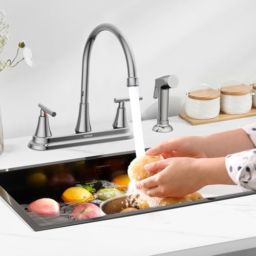HURRAN 2-Handle Kitchen Faucet with Pull-Out Side Sprayer, 8 Inch High Arch Stainless Steel 360°Rotating Kitchen Sink Faucet, 4 Hole Faucet for Kitchen Bar Rv Camper, Chrome - color: Chrome, style: With Side Sprayer