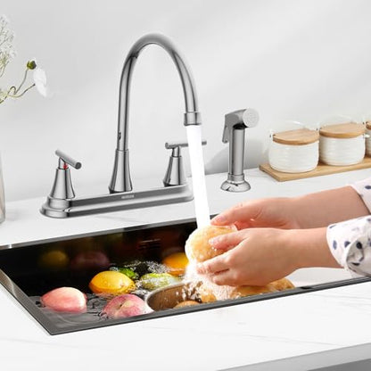 HURRAN 2-Handle Kitchen Faucet with Pull-Out Side Sprayer, 8 Inch High Arch Stainless Steel 360°Rotating Kitchen Sink Faucet, 4 Hole Faucet for Kitchen Bar Rv Camper, Chrome - color: Chrome, style: With Side Sprayer