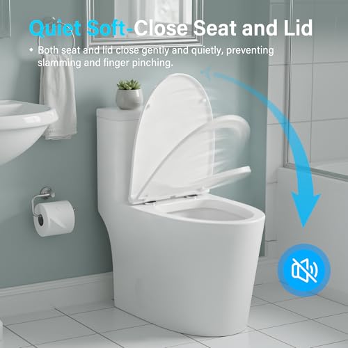 HEATGENE One Piece Toilet with Soft Close Seat, Dual Flush (0.9/1.3GPF) High-Efficiency Modern Bathroom Toilet Bowl with 17.13" Comfortable Seat Height, 12" Rough-In, White, HG-6636