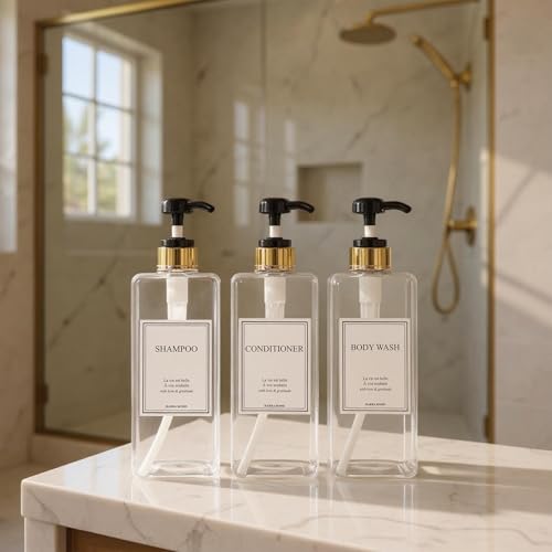 Modern Gold Design Shampoo and Conditioner Dispenser, Large 27oz Shower Soap Dispenser, Set of 3 Refillable Empty Plastic Pump Bottles for Bathroom (6 Waterproof Labels Included), (Clear & Black) - color: Clear & Black