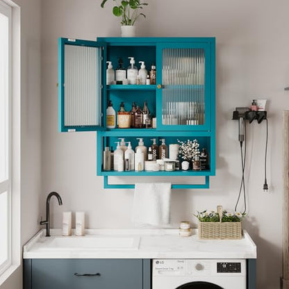 Bathroom Wall Cabinet with 2 Glass Door, Bathroom Medicine Cabinet with Towels Bar and Shelves, Over The Toilet Storage Cabinet, Metal Wall Mounted Cabinet for Kitchen (Blue) - color: Blue