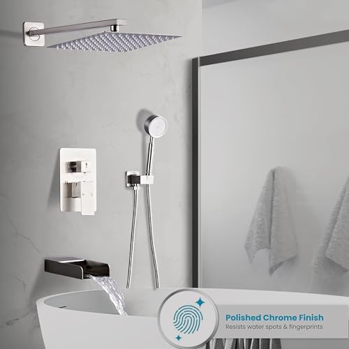 Brushed Nickel Shower Tub Faucet Set, Wall Mounted 10 Inch Shower Heads with Handheld Spray Combo and Tub Shower Faucet, Luxury Bathroom Square Rain Shower System - 4 Hooks - color: Brushed Nickel, style: 10 Inch with Tub Spout