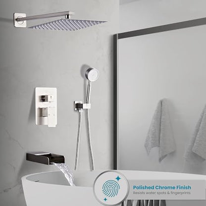 Brushed Nickel Shower Tub Faucet Set, Wall Mounted 10 Inch Shower Heads with Handheld Spray Combo and Tub Shower Faucet, Luxury Bathroom Square Rain Shower System - 4 Hooks - color: Brushed Nickel, style: 10 Inch with Tub Spout