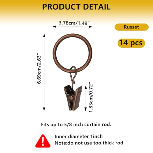 Curtain Rings with Hooks 14 Pack - Rustproof Metal Drapery Clips for Window, Shower, Door, 1.5" Inner Diameter, Smooth Gliding, Fits 5/8" to 3/4" Rods, Red Copper - color: Red Copper