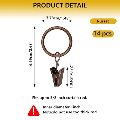 Curtain Rings with Hooks 14 Pack - Rustproof Metal Drapery Clips for Window, Shower, Door, 1.5" Inner Diameter, Smooth Gliding, Fits 5/8" to 3/4" Rods, Red Copper - color: Red Copper