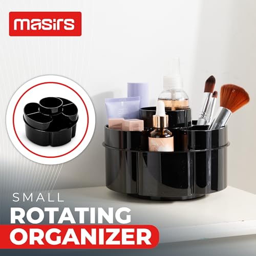 Masirs Small 360 Rotating Makeup Organizer, 5 Compartments, Round Black | Small 360 Rotating Makeup Organizer, 5 Compartments, Acrylic Mini Lazy Susan, Vanity Bathroom Counter, Round Black - color: Round Black