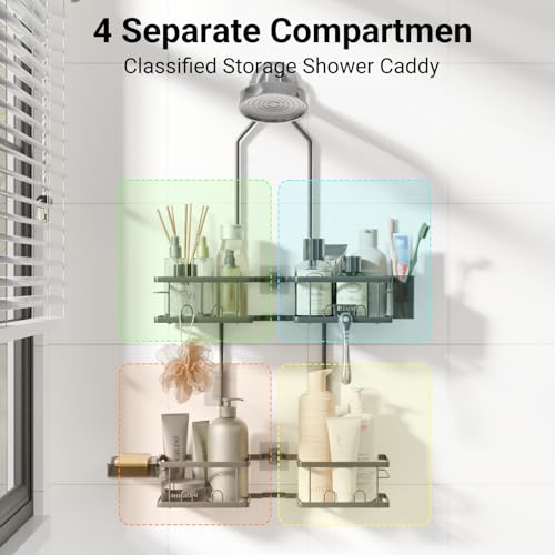 Adjustable Shower Caddy Hanging Rustproof Shower Caddy for Handheld Showerheads, Shower Organizer with Hooks Soap Holder, Anti-Swing Shower Rack Bathroom Accessories (Grey) - color: Grey