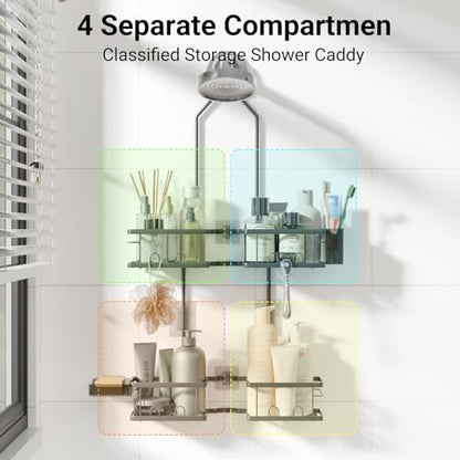 Adjustable Shower Caddy Hanging Rustproof Shower Caddy for Handheld Showerheads, Shower Organizer with Hooks Soap Holder, Anti-Swing Shower Rack Bathroom Accessories (Grey) - color: Grey