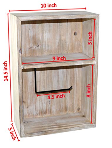 Wall Mount Toilet Paper Holder, Decorative Tissue Paper Roll Dispenser Floating Shelf, Recessed Cubby Box Bracket Cabinet, Storage, Reserve, Organize for Bathroom, Rustic Torch Wood- Grey