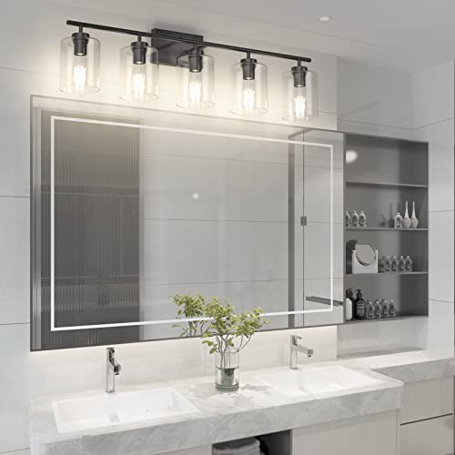 Aipsun 5 Lights Black Vanity Lights Fixtures Over Mirror with Clear Glass Shades Industrial Wall Light Fixture for Bathroom(Exclude Bulb) - size: 39.8 inch