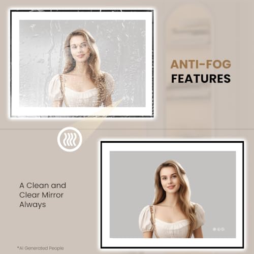 LOAAO 40"X30" LED Bathroom Mirror Black Framed | Anti-Fog, Dimmable, Memory Function, Tempered Glass, Lighted Vanity Mirror for Wall - size: 40"L x 30"W