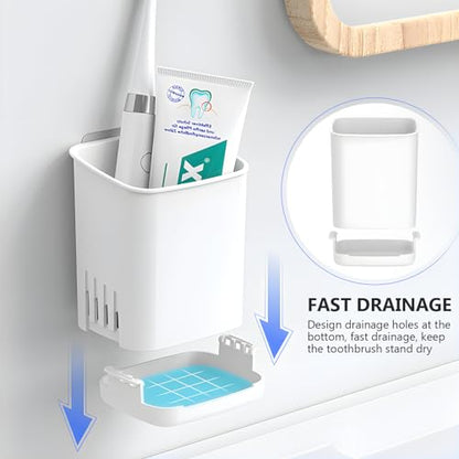 Toothbrush Holder Cup Wall Mounted Drill-Free for Bathroom Shower Electric Toothbrush Toothpaste Razor Holder Removable Waterproof Sturdy Self Draining, Tableware Holder for Kitchen(1pcs&White) - color: White-1pcs