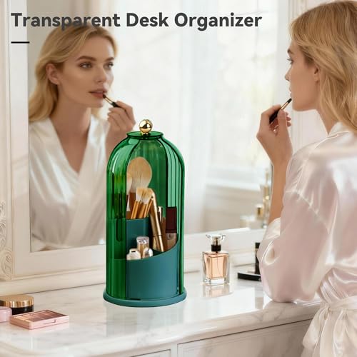 Makeup Brush Holder 360° Rotating Countertop Organizer with Lid (Green) | Transparent Sealed Lid, Waterproof, 3 Compartments, 180° Side Pull Door, for Vanity Makeup Brushes & Bathroom Toothbrushes - color: Green