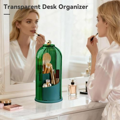 Makeup Brush Holder 360° Rotating Countertop Organizer with Lid (Green) | Transparent Sealed Lid, Waterproof, 3 Compartments, 180° Side Pull Door, for Vanity Makeup Brushes & Bathroom Toothbrushes - color: Green