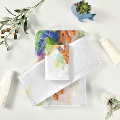 ALAZA Towel Bathroom Sets, Watercolor Red Eyed Green Frog Towels 3-Piece 1 Bath Towel 1 Washcloth 1 Hand Towel, Bath Towel Set of 3 Soft Multifuntion for Home Kitchen Hotel Gym Swim Spa - color: Multi03