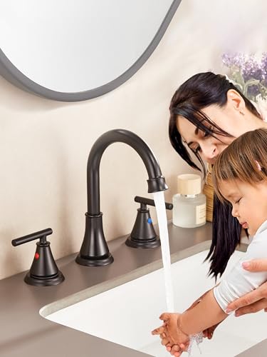Black 8 Inch Widespread Bathroom Sink Faucet 3 Hole, Bathroom Vanity Faucet with Metal Pop-up Drain Assembly, 2 Handle Basin Supply Hoses - color: Matte Black