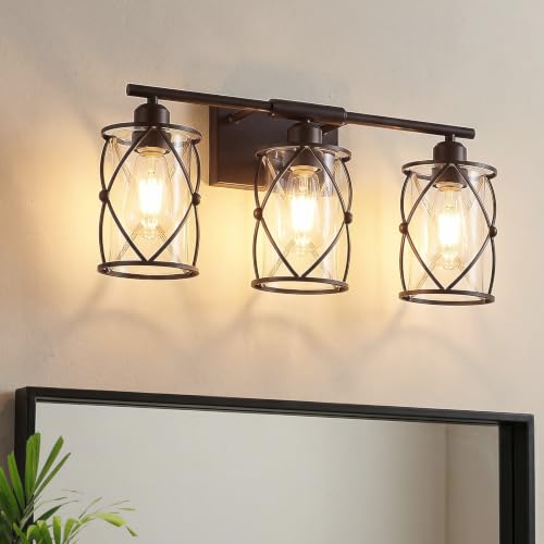 3-Light Oil Rubbed Bronze Bathroom Light Fixtures Over Mirror, 21" UL-Listed Modern Farmhouse Wall Sconce Lights with Clear Glass and Metal Cage for Bath, Hardwire E26, CH9176ORB-3W - color: Bronze + Clear Glass, size: 3-Light, 21" L