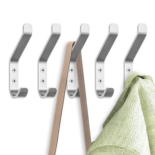 GlazieVault Coat Hooks – Door Hook (5 Pack) - Heavy Duty Wall Mounted - Premium Design Rust Free Hooks - style: Flat Hooks Silver P-05