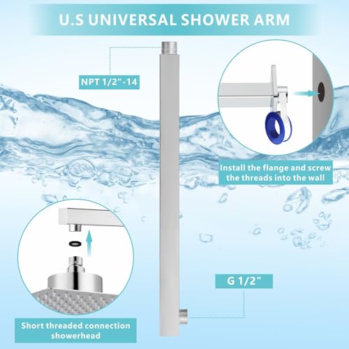 Shower Arm with Flange, 16 Inches Wall Mount Square Straight Extension Arm, Replacement of Fixed Rain Shower Head Pipe, Chrome - color: Chrome