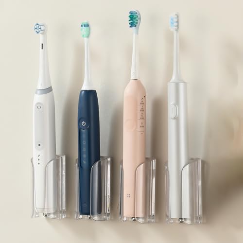 Electric Toothbrush Holder Wall Mount, Adhesive Toothbrush Caddy | Electric Toothbrush Stand for Family, Fits Mirrors/Tiles/Cabinet/Marble, PC & Stainless Steel, Clear, Pack of 4 - color: Clear-4pcs