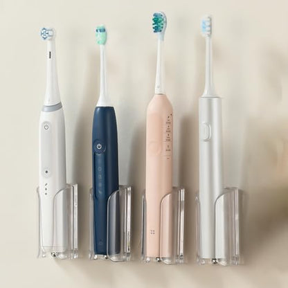 Electric Toothbrush Holder Wall Mount, Adhesive Toothbrush Caddy | Electric Toothbrush Stand for Family, Fits Mirrors/Tiles/Cabinet/Marble, PC & Stainless Steel, Clear, Pack of 4 - color: Clear-4pcs