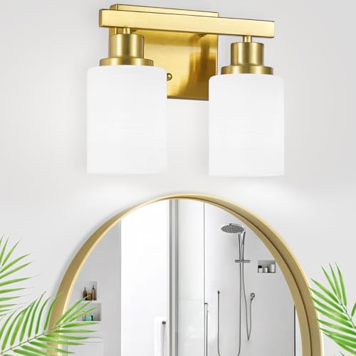 Gold Bathroom Light Fixtures Over Mirror, 2-Light Modern Vanity Lights with White Glass Shade, Bathroom Wall Lamp Sconces for Mirror Bedroom, Living Room Hallway Small Space - color: Gold, size: 2-Light