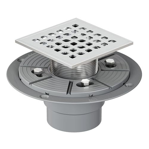Neodrain 4 inch Square Shower Drain Brushed Nickel Low Profile Floor Drain | Stainless Shower Floor Drain Cover Removable with Hair Catcher,Lifting Hook and PVC Drain Base for U.S. NO HUB System - color: Brushed Nickel, size: 4 In