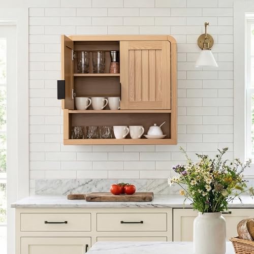 25.4" Bathroom Wall Cabinet with Grooved Doors & Open Shelf, Oak | Grooved Double Doors / Rounded Edges / 3-Position Shelf / Open Storage / Hanging Rail Mount / Natural Oak Finish