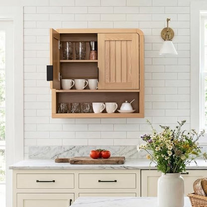 25.4" Bathroom Wall Cabinet with Grooved Doors & Open Shelf, Oak | Grooved Double Doors / Rounded Edges / 3-Position Shelf / Open Storage / Hanging Rail Mount / Natural Oak Finish